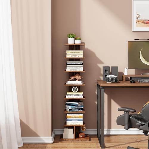 TUTOTAK Book Shelf, Narrow Spine Bookshelf, 8-Tier Bookcase for Small Space | 10.4 x 13.4 x 47.5 Inches Vertical Freestanding Corner Shelf for Living Room, Office, Study, Entryway, Brown BS06BB008