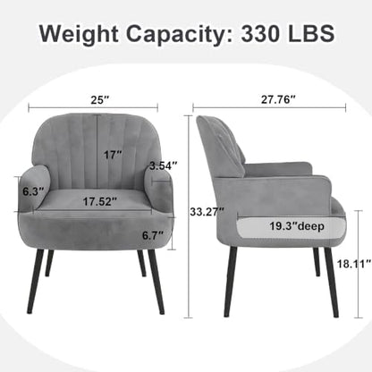 Velvet Accent Chair, Channel Tufted Shell Back Armchair, Ergonomic Upholstered Reading Chair with Wood Legs, Modern Single Sofa Chair for Living Room, Bedroom, Vanity (Gray)