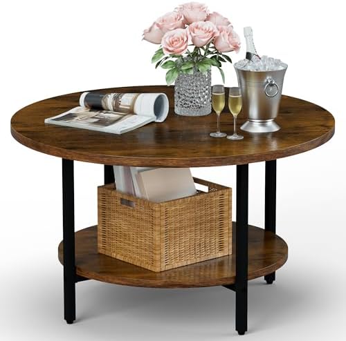 FAMIDGE Coffee Table, 23.6" Coffee Tables for Living Room, Round Coffee Table with Metal Frame, Floor Table for Sitting on The Floor, Home, Office, Black — Style1 Rustic Brown(27.6dx17.7h) / 2 Tier (2)