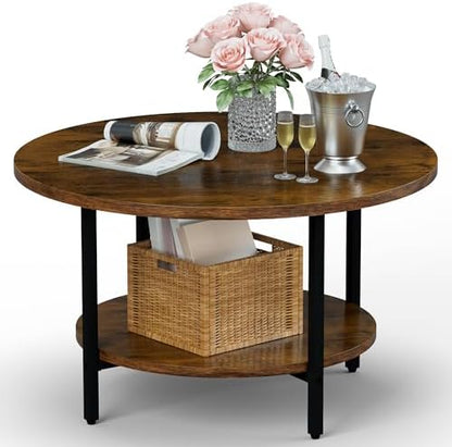 FAMIDGE Coffee Table, 23.6" Coffee Tables for Living Room, Round Coffee Table with Metal Frame, Floor Table for Sitting on The Floor, Home, Office, Black — Style1 Rustic Brown(27.6dx17.7h) / 2 Tier (2)