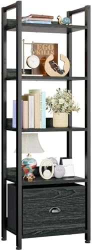 Furologee 5 Tier Bookshelf with Drawer, Tall Narrow Bookcase with Shelves, Wood and Metal Bookshelves Storage Organizer, Industrial Display Standing Shelf Unit for Bedroom, Living Room, Rustic Brown