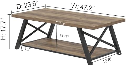 EXCEFUR Modern Coffee Table, Rectangle Center Table for Living Room with Storage Shelf, Industrial Wood and Metal Cocktail Tea Table, Rustic Oak, 47 Inch