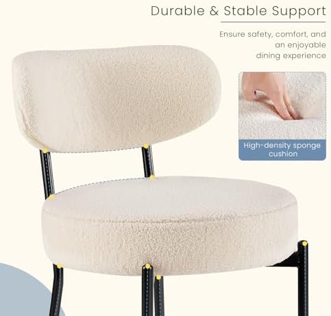 DUMOS Dining Chairs Set of 2, Mid Century Modern Chair Round Upholstered Curved Backrest, Kitchen Vanity Living Room Chairs with Black Metal Legs，Ivory White