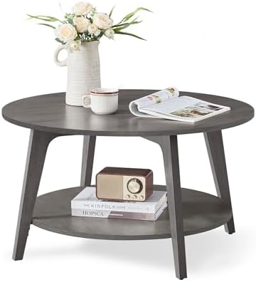 VASAGLE MAEZO Collection - Round Coffee Table, 2-Tier Center Table with Storage, Tapered Legs, Curved Transitions, 31.5 Dia. x 17.7 H Inches, Easy Assembly, for Living Room, Honey Brown ULCT243K41 — Misty Gray (2)