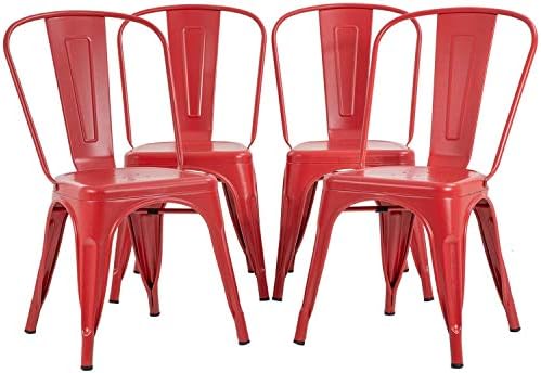 FDW | Metal Dining Chairs | Set of 4 | Black | Stackable Tolix Side Chairs with Backrest | Scratch-Resistant | Non-Slip Feet | Indoor/Outdoor Use | 330 lbs Capacity | for Kitchen & Restaurant — Red / Steel Seat (2)