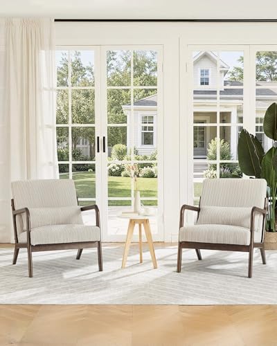 Garvee Mid-Century Chenille Accent Chair, Cozy Reading Chair, Modern Lounge Armchair with Lumbar Pillow, Solid Wood Frame, for Living Room, Bedroom, Office, Beige — Beige-wide Wale Corduroy / 1 Pack (2)