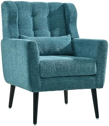 Accent Chair, Comfy Upholstered Living Room Chairs with High Tufted Backrest and Pillow, Wingback Reading Chair with Solid Wood Legs for Bedroom/Office,Teddy Fabric, Light Green — Set of 1 / Teal (2)