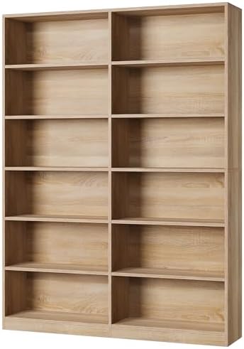 FACBOTALL Bookshelf and Bookcase, 6-Tier Double Wide Bookshelves,Freestanding Display Storage Shelves, Tall Bookcases for Home Decor Bedroom, Living Room, Home Office, Light Oak