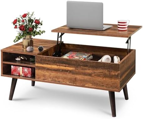 WLIVE Coffee Table with Lifting Top, Hidden Storage & Adjustable Shelf for Living Room Small Space, Multifunctional Rising Wooden Center Table, Mid Century Modern Tables for Home Dining Office, Brown — Rustic Brown / 39.4"W x 19.7"D x 16.9"H (10)