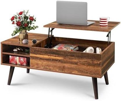 WLIVE Coffee Table with Lifting Top, Hidden Storage & Adjustable Shelf for Living Room Small Space, Multifunctional Rising Wooden Center Table, Mid Century Modern Tables for Home Dining Office, Brown — Rustic Brown / 39.4"W x 19.7"D x 16.9"H (10)