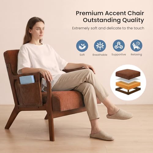 DUMOS Mid Century Modern Accent Chair, Upholstered Armchair with Lumbar Pillow and Solid Wood Frame, Comfy Reading Chair for Small Living Room, Bedroom, Guest Room, Navy Blue