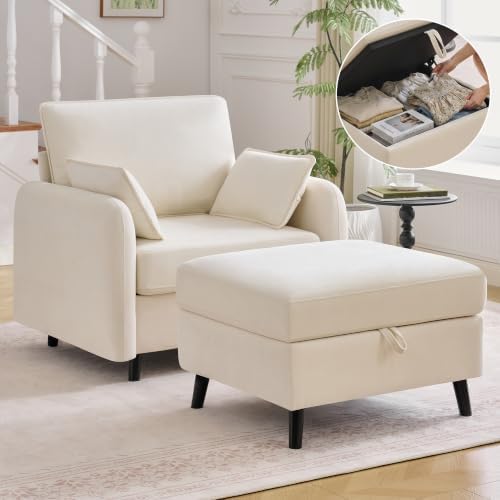 41" Oversized Accent Chair with Storage, Single Sofa for Living Room Beige | Modern Accent Chairs with Storage, Deep Seat Armchair Upholstered Comfy Reading Chair for Living Room, Bedroom, Chenille