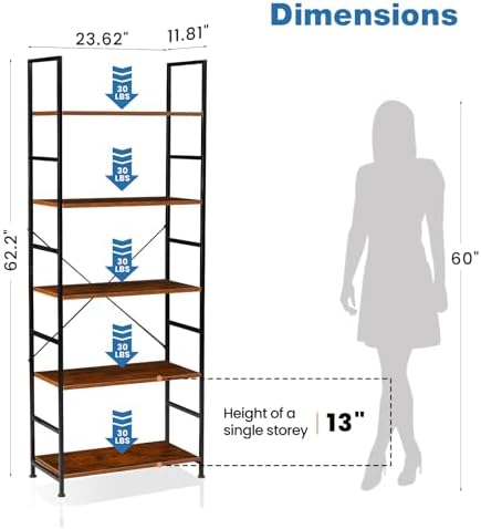 DUMOS 5 Tiers Bookshelf, Classical Modern Book Shelf, Tall Display Shelves in Living Room/Home/Office, Storage Organizer for CDs/Books/Movies, Rustic Brown | Tall Display Shelves in Living Room/Home/Office, Storage Organizer for CDs/Books/Movies, Rustic B