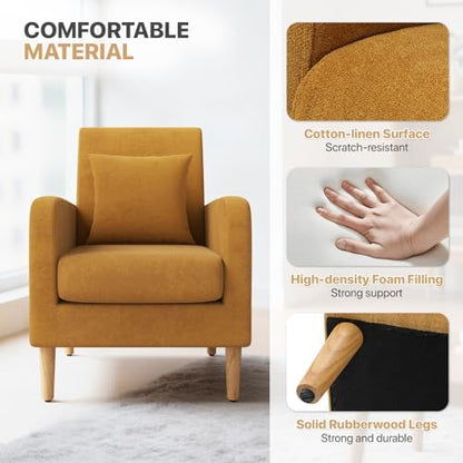 Magshion Accent Chair for Living Room, Comfy Mid-Century Reading Chair for Bedroom, Upholstered Linen Fabric Armchair Single Sofa with Back Pillow & Wood Legs, 300 lbs Capacity, Yellow
