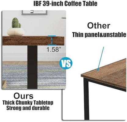IBF Rustic Coffee Table, Industrial Simple Wooden Living Room Table, Modern Minimalist Farmhouse Rectangle Center Table, Wood and Metal Vintage Tea Coffee Table for Home Bedroom, Rustic Brown, 39 Inch