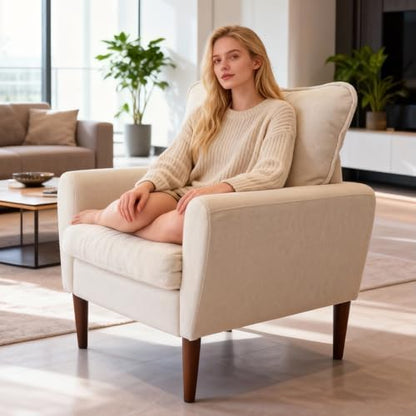 OLIXIS Comfy Accent Chair for Living Room Bedroom and Waiting Room, Upholstered Mid-Century Reading Chair with Pillow and Solid Wood Legs, Wide Singe Modern Lounge Sofa Beige, 2 Pack