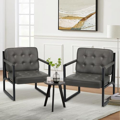 COLAMY Mid Century Modern Accent Chair Set of 2, Comfy Living Room Chair, Black Leather Accent Chair, Faux Leather Reception Armchair with Metal Legs for Living Room Bedroom Reception Office, Black — Grey / Set of 1 (2)