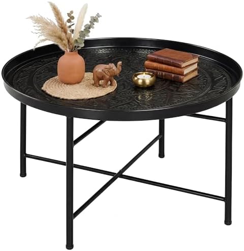 HOMCOM 24" Round Coffee Table with Hammered Tray Top, Vintage Metal Center Table for Living Room, Bedroom, Side Table, Gold — Black (2)