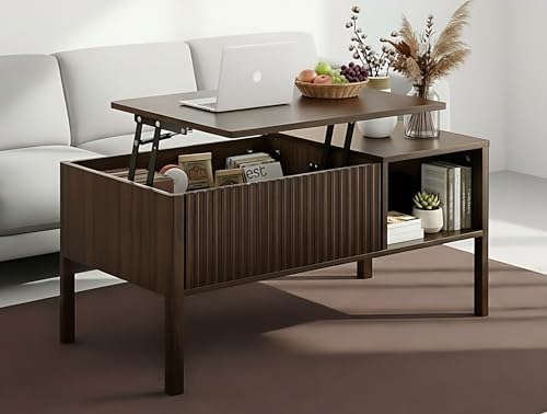 Fluted Lift Top Coffee Table with Hidden & Open Storage, Rectangle Modern Coffee Table for Living Room, Smooth Hydraulic Lift, Large Capacity, Safe Round Corners, Easy to Clean, Vertical Grain-Brown — Vertical Grain-brown (10)