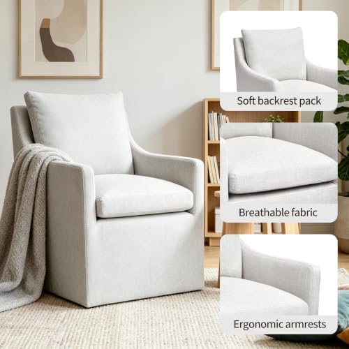 DUHOME Upholstered Dining Chair Set of 2 360 Swivel Linen Accent Armchair | Pre-Assembled Modern Rolling Armchair with Silent Casters, Beige Linen Accent Chair for Dining Room Living Room Bedroom