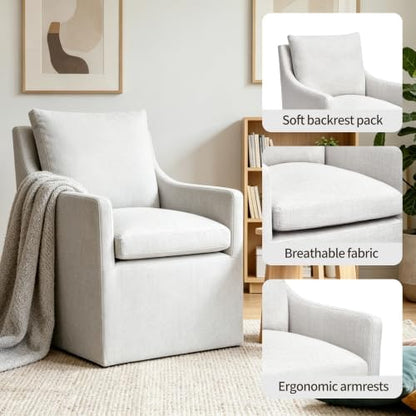 DUHOME Upholstered Dining Chair Set of 2 360 Swivel Linen Accent Armchair | Pre-Assembled Modern Rolling Armchair with Silent Casters, Beige Linen Accent Chair for Dining Room Living Room Bedroom