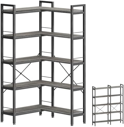 Huuger 5 Tier Bookshelf, L Shaped Corner Bookshelf with 10 Open Shelves, 49.4 Inch Straight Wide Bookcase with Metal Frame and Wooden Board, Adjustable Feet, Rustic Brown — 5 Tier / Grey (2)
