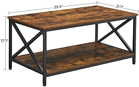 VASAGLE Coffee Table, Cocktail Table with Storage Shelf and X-Shape Steel Frame, Industrial Farmhouse Style, 39.4 x 21.7 x 17.7 Inches, Rustic Brown and Black ULCT200B01V1