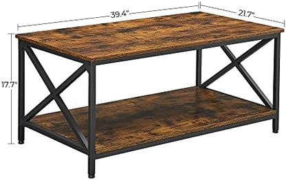 VASAGLE Coffee Table, Cocktail Table with Storage Shelf and X-Shape Steel Frame, Industrial Farmhouse Style, 39.4 x 21.7 x 17.7 Inches, Rustic Brown and Black ULCT200B01V1