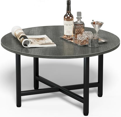 FAMIDGE Coffee Table, 23.6" Coffee Tables for Living Room, Round Coffee Table with Metal Frame, Floor Table for Sitting on The Floor, Home, Office, Black — Elegant Gray / 1 Tier (2)
