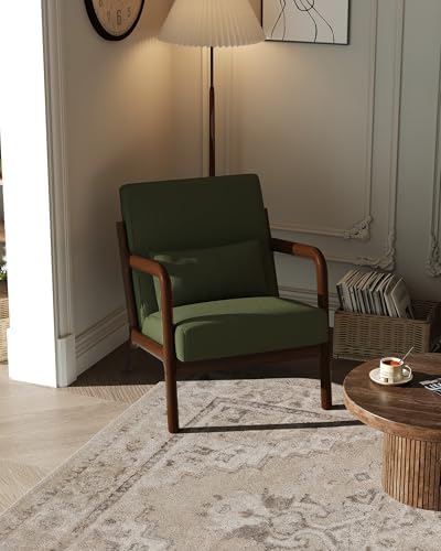 Garvee Mid-Century Chenille Accent Chair, Cozy Reading Chair, Modern Lounge Armchair with Lumbar Pillow, Solid Wood Frame, for Living Room, Bedroom, Office, Beige — Green-corduroy / 1 Pack (2)