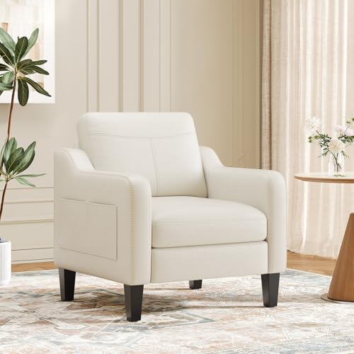 MALOL PU Leather Accent Chair, Mid-Century Modern Living Room Armchair Sofa with Removable Cushions, Solid Wood Frame & Stitched Armrest Design, Bedroom Chair with Plastic Legs, Chocolate Brown