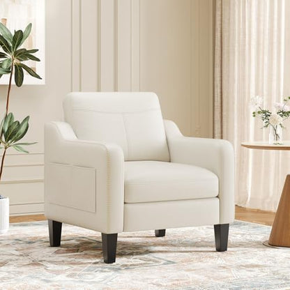 MALOL PU Leather Accent Chair, Mid-Century Modern Living Room Armchair Sofa with Removable Cushions, Solid Wood Frame & Stitched Armrest Design, Bedroom Chair with Plastic Legs, Chocolate Brown