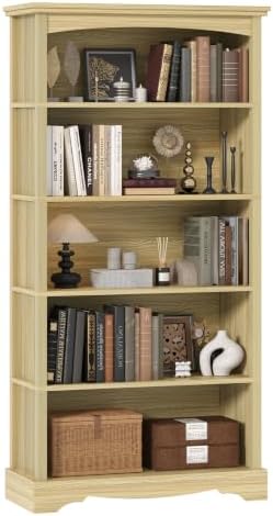 TVU 5-Tier Wooden Bookshelf, 31.5" W x 65" H ×9.9" D Bookshelf with Storage, Floor Standing Modern Style Display Bookcase for Living Room, Office, Study Room, Entryway, Brown
