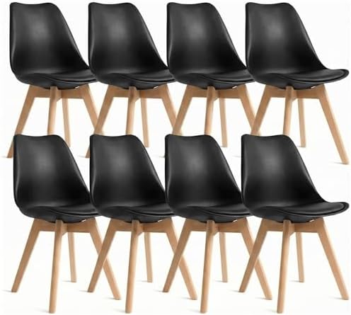 Dining Chairs Set of 4, Modern Upholstered Dining Room Chairs with PU Leather Padded Seat, Armless Kitchen Chairs with Curved Backrest and Solid Wood Legs for Dining Room, Kitchen, Apartment, Black