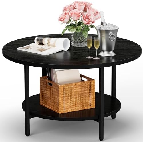 FAMIDGE Coffee Table, 23.6" Coffee Tables for Living Room, Round Coffee Table with Metal Frame, Floor Table for Sitting on The Floor, Home, Office, Black — Style1 Black(27.6dx17.7h) / 2 Tier (2)