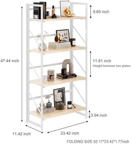 JSB No Assembly Folding Bookshelf, 4 Tier Industrial Metal Book Shelf for Storage, Vintage Wood Foldable Bookcase for Living Room, Bedroom, Office Organization Shelves