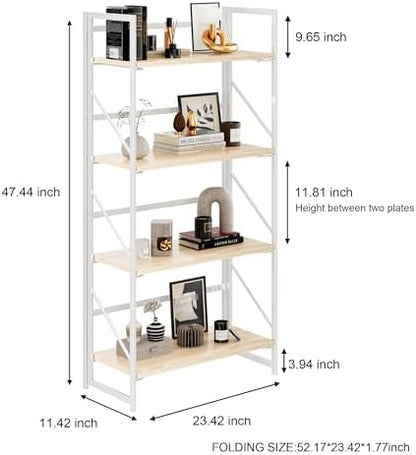 JSB No Assembly Folding Bookshelf, 4 Tier Industrial Metal Book Shelf for Storage, Vintage Wood Foldable Bookcase for Living Room, Bedroom, Office Organization Shelves