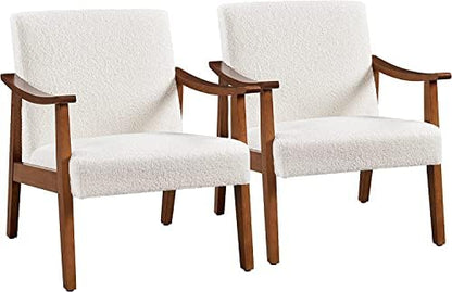 Yaheetech Faux Leather Accent Chair, Mid-Century Modern Armchair with Solid Wood Legs, Reading Leisure Chair with High Back for Living Room Bedroom Waiting Room, Set of 2, Brown — Ivory / Polyester Boucle Fabric (2)