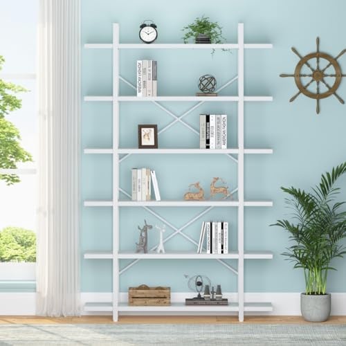 HSH White Bookshelf, 6 Tier Tall Bookcases for Bedroom Living Room Office | Industrial Modern Vertical Metal and Wood Bookcases, Farmhouse 6 Shelf Open Large Storage Book Shelves Display Book Shelf — 6-Tier / White Oak (10)
