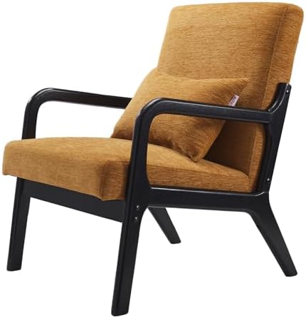Achicsofar Accent Chair Mid Century Modern Armchair with Lumbar Support Pillow Wood Legs PU Leather Upholstered Lounge Chairs Comfy High Back Cushion for Living Room Bedroom — Chenille Yellow / Large Size (2)