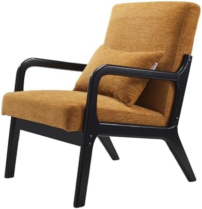 Achicsofar Accent Chair Mid Century Modern Armchair with Lumbar Support Pillow Wood Legs PU Leather Upholstered Lounge Chairs Comfy High Back Cushion for Living Room Bedroom — Chenille Yellow / Large Size (2)