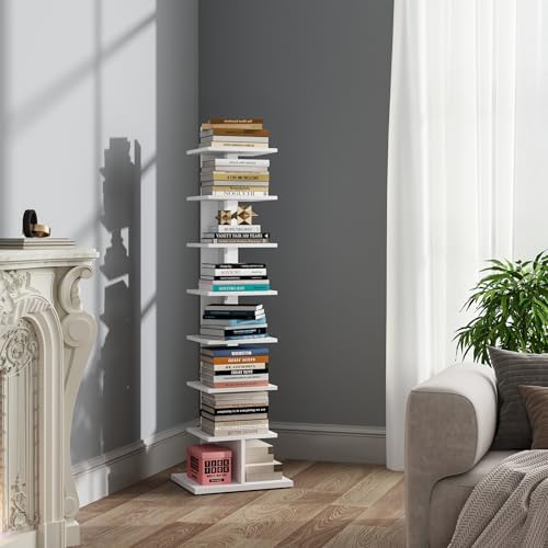 TUTOTAK Book Shelf, Narrow Spine Bookshelf, 8-Tier Bookcase for Small Space | 10.4 x 13.4 x 47.5 Inches Vertical Freestanding Corner Shelf for Living Room, Office, Study, Entryway, Brown BS06BB008