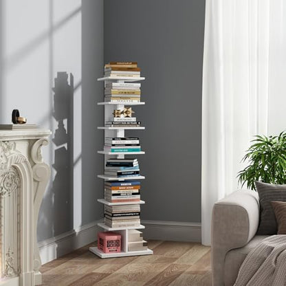 TUTOTAK Book Shelf, Narrow Spine Bookshelf, 8-Tier Bookcase for Small Space | 10.4 x 13.4 x 47.5 Inches Vertical Freestanding Corner Shelf for Living Room, Office, Study, Entryway, Brown BS06BB008