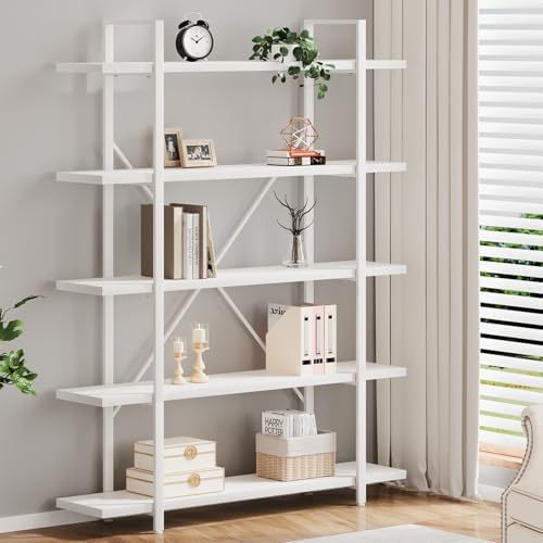 HSH White Bookshelf, 6 Tier Tall Bookcases for Bedroom Living Room Office | Industrial Modern Vertical Metal and Wood Bookcases, Farmhouse 6 Shelf Open Large Storage Book Shelves Display Book Shelf