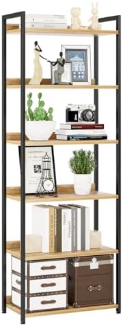 NUMENN Bookshelf, 5 Tier Bookshelves, Home Office Bookcase Shelf Storage Organizer, Free Standing Storage Shelving Unit for Bedroom, Living Room and Home Office, Vintage — 5 Tier(Narrow) / Natural (2)