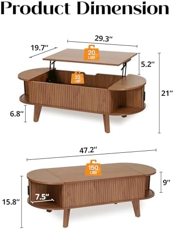 Oval Lift Top Coffee Table with Storage, 47.2" Mid Century Modern Living Room Center Table with 180° Sliding Tambour Door, Wood Fluted Coffee Table for Home Office, Walnut