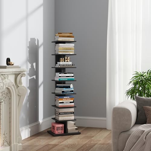 TUTOTAK Book Shelf, Narrow Spine Bookshelf, 8-Tier Bookcase for Small Space | 10.4 x 13.4 x 47.5 Inches Vertical Freestanding Corner Shelf for Living Room, Office, Study, Entryway, Brown BS06BB008