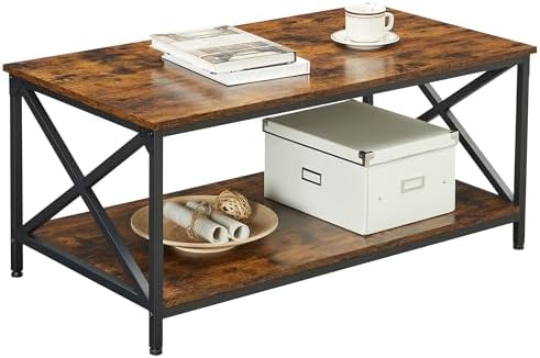 VASAGLE Coffee Table, 2-Tier Center Table with Rustic Charm and Clean Lines, Farmhouse Style, for Living Room, 21.7 x 39.4 x 17.7 in, Honey Brown, Koni Collection ULCT270K101 — Rustic Brown + Black (2)
