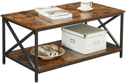 VASAGLE Coffee Table, 2-Tier Center Table with Rustic Charm and Clean Lines, Farmhouse Style, for Living Room, 21.7 x 39.4 x 17.7 in, Honey Brown, Koni Collection ULCT270K101 — Rustic Brown + Black (2)