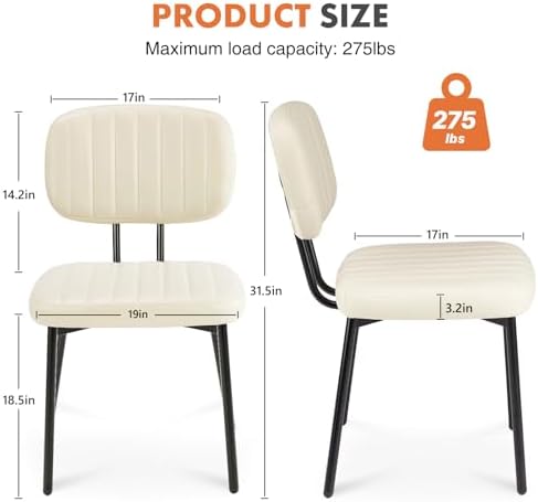 Sweetcrispy Dining Chairs Set of 2, Upholstered Mid Century Modern Kitchen Accent Chairs with Faux Leather Cushion Seat & Metal Legs for Home Office, Living Room-Beige White